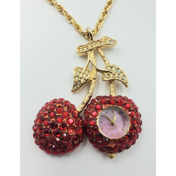 Suzanne Bjontegard Long Cherry Watch Necklace – Unworn Vintage – Red Rhinestones - Picture 7 of 8